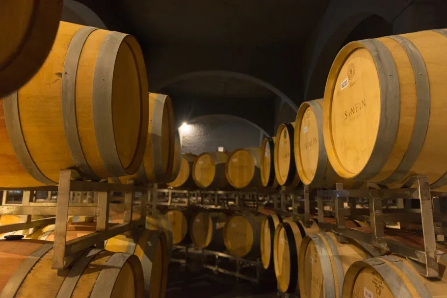 Barricas de roble francés apiladas en la cava de la bodega